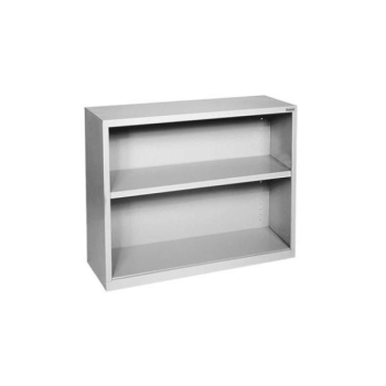 short light gray metal bookshelf